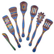WOSPONFAN Wooden Spoons For Cooking, Kitchen Utensils Set, Pakkawood Kitchen Cooking Utensils Set, Apartment Essentials Wood Serving Spatula Spoon, Salad Tongs, Home & Kitchen Gift For Women - 藍色 - 查看 1