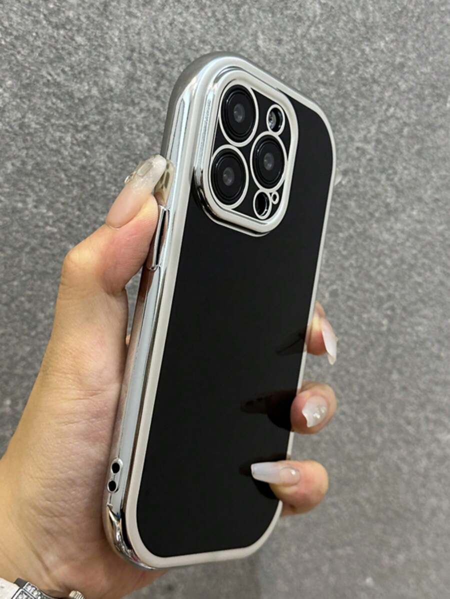 时尚电镀光泽肥皂椭圆形手机壳适用于 iPhone 16 15 14 13 12 Pro Max 11 奢华防震软壳 - 黑色 - 查看 1