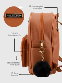 Mini Mochila De Costas Escolar Dia Dia Lisa Alça Com Regulagem e Chaveiro Pompom