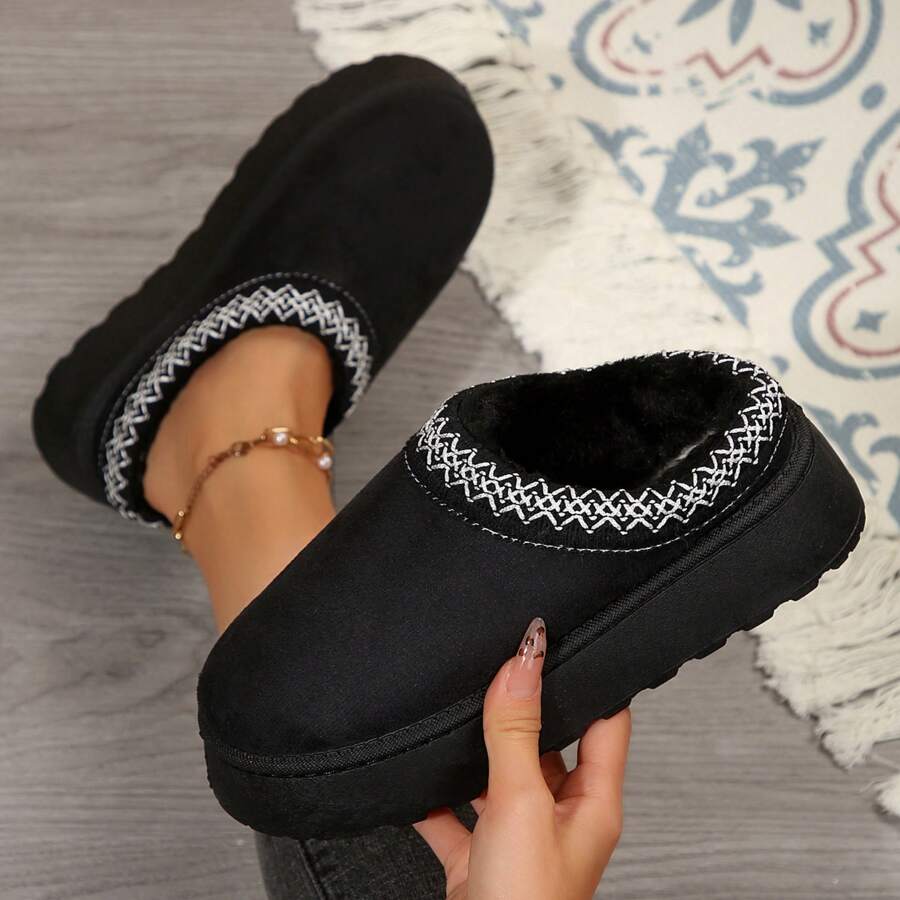 Women's Slippers - Warm Durable Non-Slip Outdoor Shoes With Thick Flat Soles Platform Snow Boot - Perfect For Winter Comfort - 黑色 - 查看 1