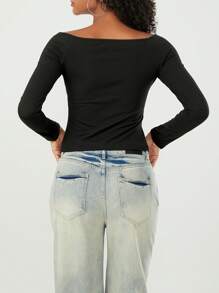 Women's Off Shoulder Crop Tops Long Sleeve Solid Color Slim Fit T-Shirts Dressy Blouses