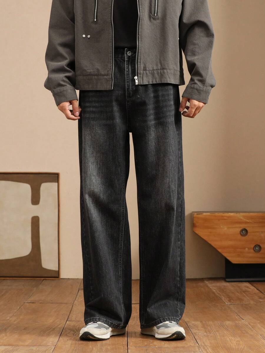 Quần Jeans Denim Ống Thẳng Rộng Đơn Giản Cho Nam - màu đen - Xem 1