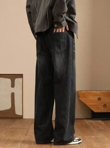 Quần Jeans Denim Ống Thẳng Rộng Đơn Giản Cho Nam - màu đen - Xem 4