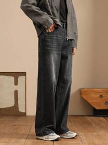 Quần Jeans Denim Ống Thẳng Rộng Đơn Giản Cho Nam - màu đen - Xem 3