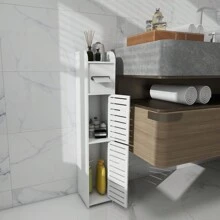 Armoire de salle de bain en PP - 2 portes - Imperméable - 15*17*78 cm - Décoration de salle de bain blanche Organisateur de salle de bain Rentrée des classes d'été