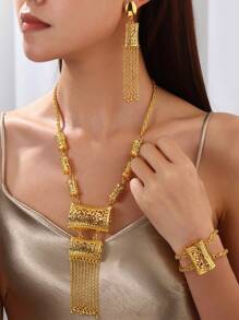 4pcs/Set 18k Gold Plated Vintage Dubai Bride Necklace, Earrings, Bracelet Jewelry Set