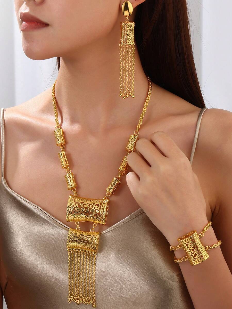 4pcs/Set 18k Gold Plated Vintage Dubai Bride Necklace, Earrings, Bracelet Jewelry Set