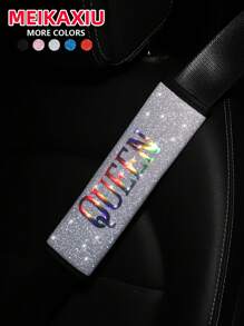 MEIKAXIU 1pc PU Sequin Colorful Shiny "QUEEN" Car Shoulder Cover, Auto Interior Accessory, Seat Belt Decor, Birthday Decoration