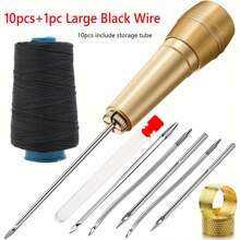 Set de costura de 11/13 piezas con lezna de manija de cobre DIY, incluye 6 agujas, hilo de nylon marrón/negro/blanco, estuche de almacenamiento y 2 pinchos, apropiado para reparar, lona, tienda de campaña y zapatos (color de aguja y estuche al azar)