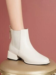 Novas botas curtas brancas com salto grosso e salto baixo, botas de cano curto da moda para outono/inverno - Branco - Ver 5