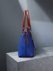 Refined Top Handle Zipper Satchel, Fashion-Forward Womens Textured PU Leather Bag For Everyday Style,Timeless Vintage Western Handbag - Eye-Catching Colorblock Design - Màu xanh lam - Xem 4