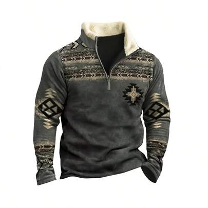 European And American Fashion Men's Sweatshirt Stand-Up Collar Geometric Print Pattern Design Long Sleeve Pullover Sports Fashion Comfortable Sweatshi