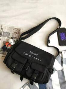 Large Crossbody Shoulder Fabric Travel Bag Back To School - Black - View 2