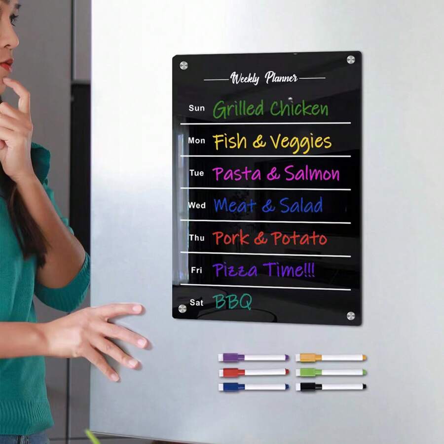 Bảng thông báo hàng tuần bằng acrylic từ tính màu đen, bảng tin kế hoạch hàng tuần, nhãn dán tủ lạnh từ tính có thể xóa được hình hoạt hình, bao gồm 6 bút viết bảng trắng - Nhiều màu - Xem 1