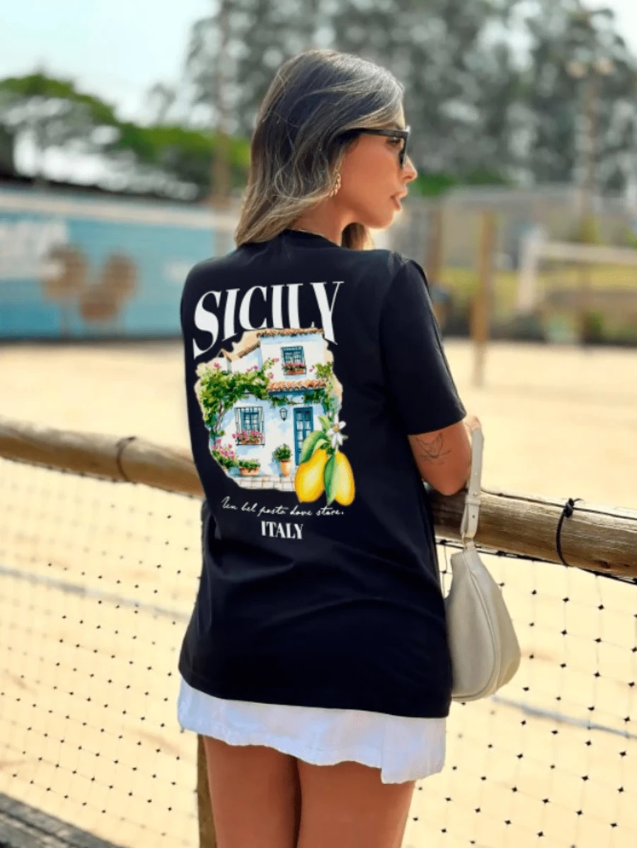Authentic SICILY Printed Women's Blouse Mega Stylish Casual T-Shirt - 黑色 - 查看 1