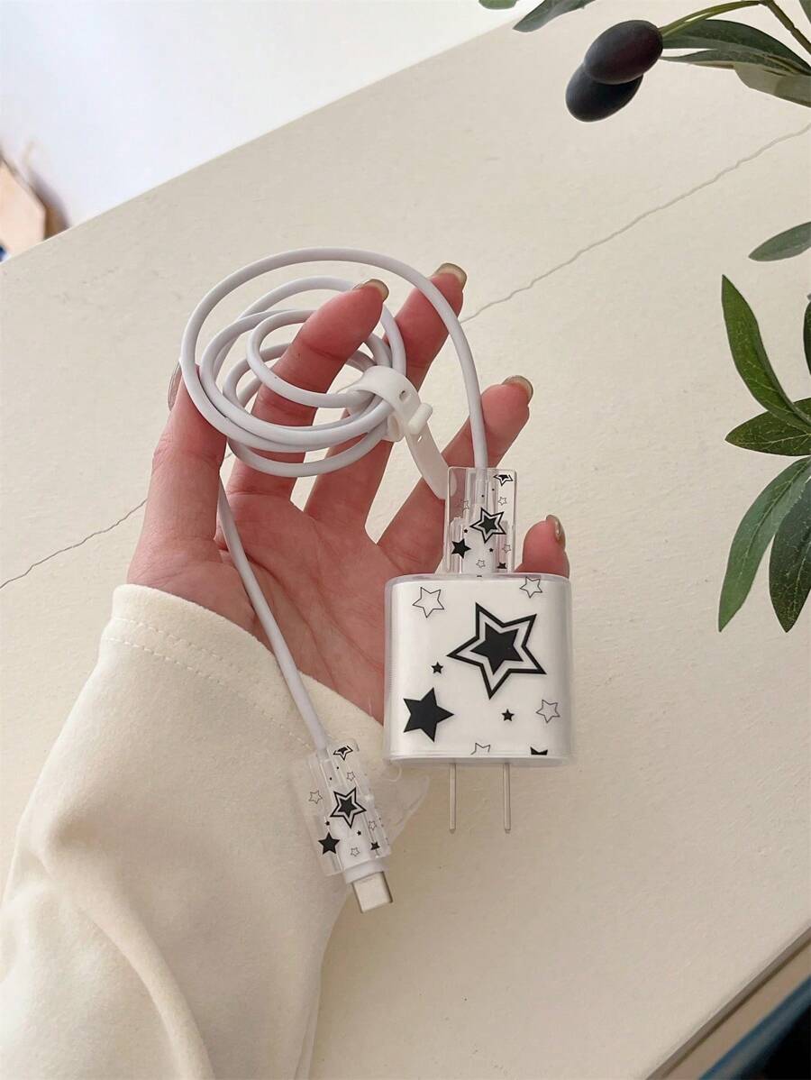 4 件星形图案保护壳，兼容 iPhone 14/15 Pro、电缆、充电器和配件存储 - 黑色 - 查看 1