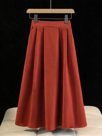 春季优雅中国风纯色编织松紧腰口袋橙色1件裙子适合中国新年、日常、街头、通勤、家居等场合穿中式连衣裙汉服下装