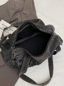 KVKY 2024 新款女式极简毛边设计字母图案装饰牛仔裤枕头包时尚潮流单肩包百搭腋下包，适合通勤和购物 - 黑色 - 查看 8