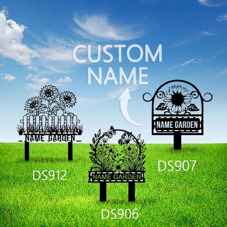 1pc Custom Metal Garden Sign, Flower Sign With Stakes, SunFlower Sign With Stakes, Personalized Garden Name Sign, Lawn Signs, Outdoor Metal Sign, Garden Decor, Garden Gift - Black - View 1