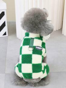秋冬季宠物服装，狗狗服装，格子羊毛四脚套头衫，带毛圈装饰，适合泰迪熊和猫咪 - 綠色 - 查看 13