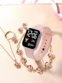 6pcs Fashion Cute Girl Square Cartoon Electronic Watch Best Necklace Bracelet Earrings Ring Gift For Girlfriend Halloween Decoration Christmas Gift School Style - Pink - View 5