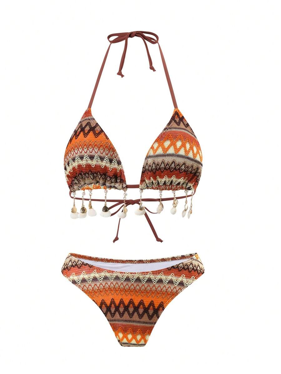 Summer, Beach, Vacation, Boho Style New European And American Fashion Fitted Backless Striped Knitted Sexy Shell Decor Spaghetti Strap Crop Top Bikini Swimwear - Brown - View 1