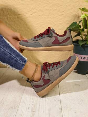 女士休闲运动鞋，时尚拼色圆头系带平底鞋，适合跑步、散步、通勤、工作、所有季节