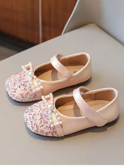 1 Paar weiche, bequeme, modische, vielseitige Prinzessinnenschuhe für Mädchen, mit Perlen-Schleifen-Dekor, Strass und Klettverschluss, süße kleine Lederschuhe für Mädchen, geeignet für Frühling und Herbst Outdoor-Tragen