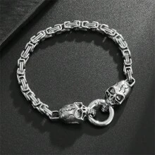 SeuSuk 1 Stück Herren Einzigartige Coole & Modische Hip Hop Punk Rock Edelstahl Doppel Skulls Silber Armband Schmuck Geschenk