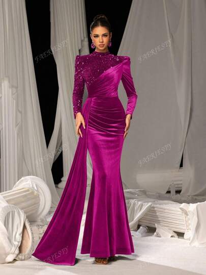 Faeriesty Elegant Velvet Mermaid Tail Maxi Dress With Sparkling Sequin Embroidery | Luxury Evening Dress For Black Tie Galas, Weddings, And Cannes Parties, Party Dress, Wedding Guest Dress, Formal Dress,Gown