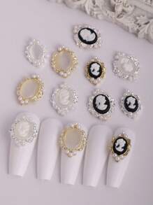 10 Pieces, Small Oval Nail Decorations, 3D Girl Nail Accessories, Personalized Cat Eye Nail Accessories, Gold Silver Black Pearl Nail Ornaments, Personalized Nails, Suitable For Nail Salons And Personal Use