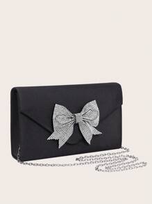 优雅蝴蝶结信封手拿包，奢华女士时尚手提包方形翻盖包，派对/晚宴包，适合派对女孩、女士、新娘、婚礼、舞会、宴会 - 黑色 - 查看 2