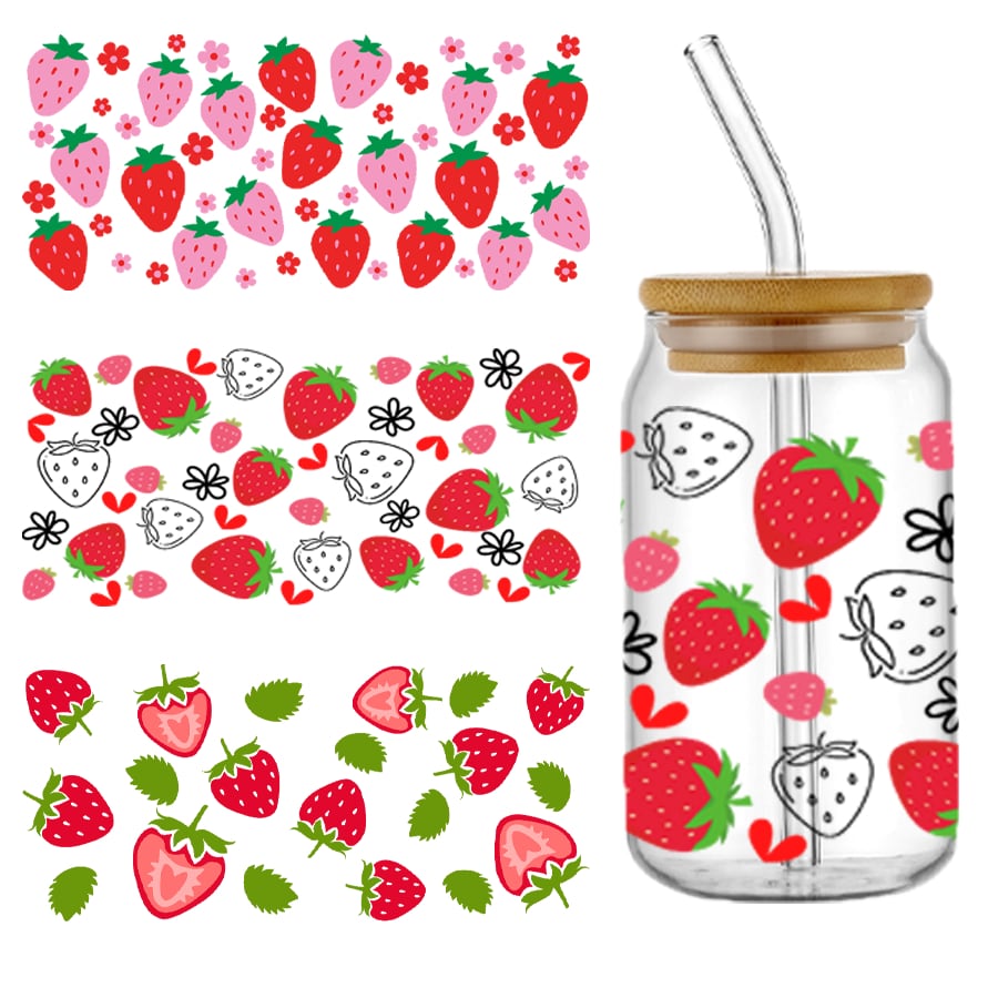 3 pezzi/4 pezzi Adesivi decal piatti a fiore serie frutta fragola UV DTF, impermeabili per bicchieri in vetro da 16 once Libbey, adesivi per trasferimento su vinile per acciaio inossidabile, decalcomanie di design colorato, UV DTF, adatti per tazze, frigoriferi, bicchieri, tazze da caffè o qualsiasi superficie piatta, decorazione fai-da-te impermeabile (bicchieri non inclusi)