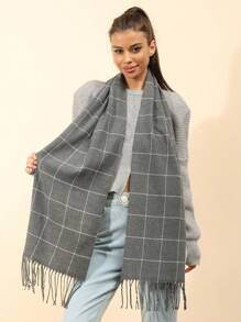 1 chiếc khăn choàng cổ trang trí tua rua kẻ caro giả cashmere dành cho cả nam và nữ, phụ kiện thời trang thích hợp sử dụng hàng ngày - Xám - Xem 1