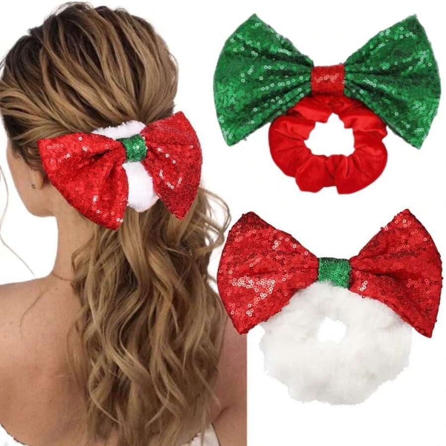 2 件装女士复古可爱圣诞亮片蓬松蝴蝶结发带，适合狂欢派对 - 彩色 - 查看 1