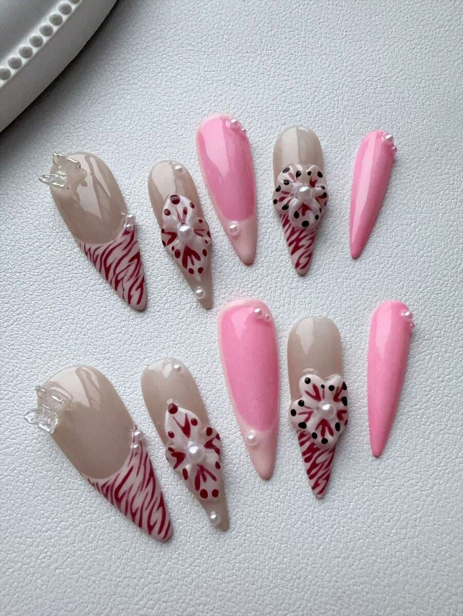 ZHIDIAO 10 件，尖头指甲，浮雕指甲，粉红色，不对称条纹，蝴蝶雕刻设计，手工制作。现代休闲风格美甲，简约时尚，适合女性和女孩约会和聚会使用（产品不包括佩戴套装）。 - 淺粉色 - 查看 1