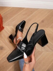 Mary Jane Pumps For Women, Square Toe Design, Black Striped Patent Leather Backless High Heel Shoes, Versatile & Comfortable For All Seasons, Classic Chunky Heel Dress Shoes, Popular Spring/Fall Fashion Essential