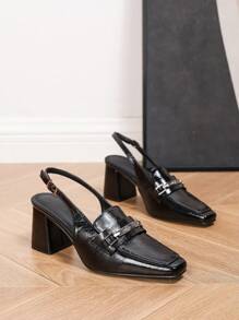 Mary Jane Pumps For Women, Square Toe Design, Black Striped Patent Leather Backless High Heel Shoes, Versatile & Comfortable For All Seasons, Classic Chunky Heel Dress Shoes, Popular Spring/Fall Fashion Essential