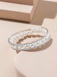 1 件迷人人造珍珠和水钻装饰手链，适合女性日常配饰 - 水鑽開口手鐲 - 查看 5