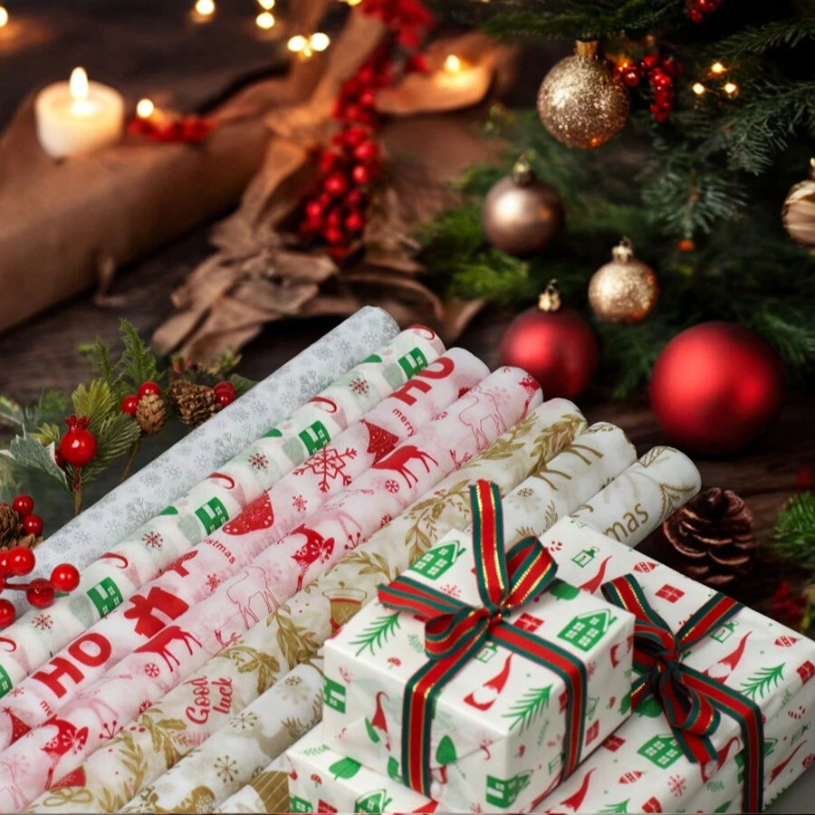 TIMBLESSING 10 PIÈCES/12 PIÈCES Rouleaux de papier cadeau de Noël, papier fin sans pli, avec des designs incluant le renne, le sapin de Noël, le flocon de neige, en couleurs or et argent. Convient pour Noël, Nouvel An, Saint-Valentin, fêtes, cadeaux, décorations, etc.