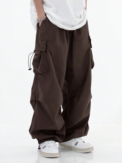 Functional Paratrooper Cargo Pants, Men's High Street Fashionable Brand Loose Hiphop Style Wide Leg Straight Casual Long Pants, Men's Outdoor Streetwear, Fall