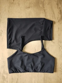 Set, Shorts And Fitness Top With Bare Back And Padded Insert. - 黑色 - 查看 3