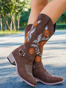 planare Giày bốt đi mô tô mũi nhọn thêu họa tiết thường ngày cho nữ, phong cách miền Tây, gót dày, nâu, thu/đông, dự tiệc - màu nâu - Xem 8