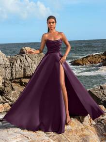 Faeriesty 女士优雅褶皱紧身胸衣高开衩晚礼服 – 春夏正式礼服，适合婚礼、晚宴、红毯活动、派对、婚礼宾客、夏季度假穿着