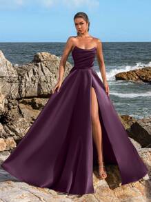 Faeriesty 女士优雅褶皱紧身胸衣高开衩晚礼服 – 春夏正式礼服，适合婚礼、晚宴、红毯活动、派对、婚礼宾客、夏季度假穿着