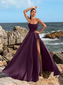 Faeriesty 女士优雅褶皱紧身胸衣高开衩晚礼服 – 春夏正式礼服，适合婚礼、晚宴、红毯活动、派对、婚礼宾客、夏季度假穿着