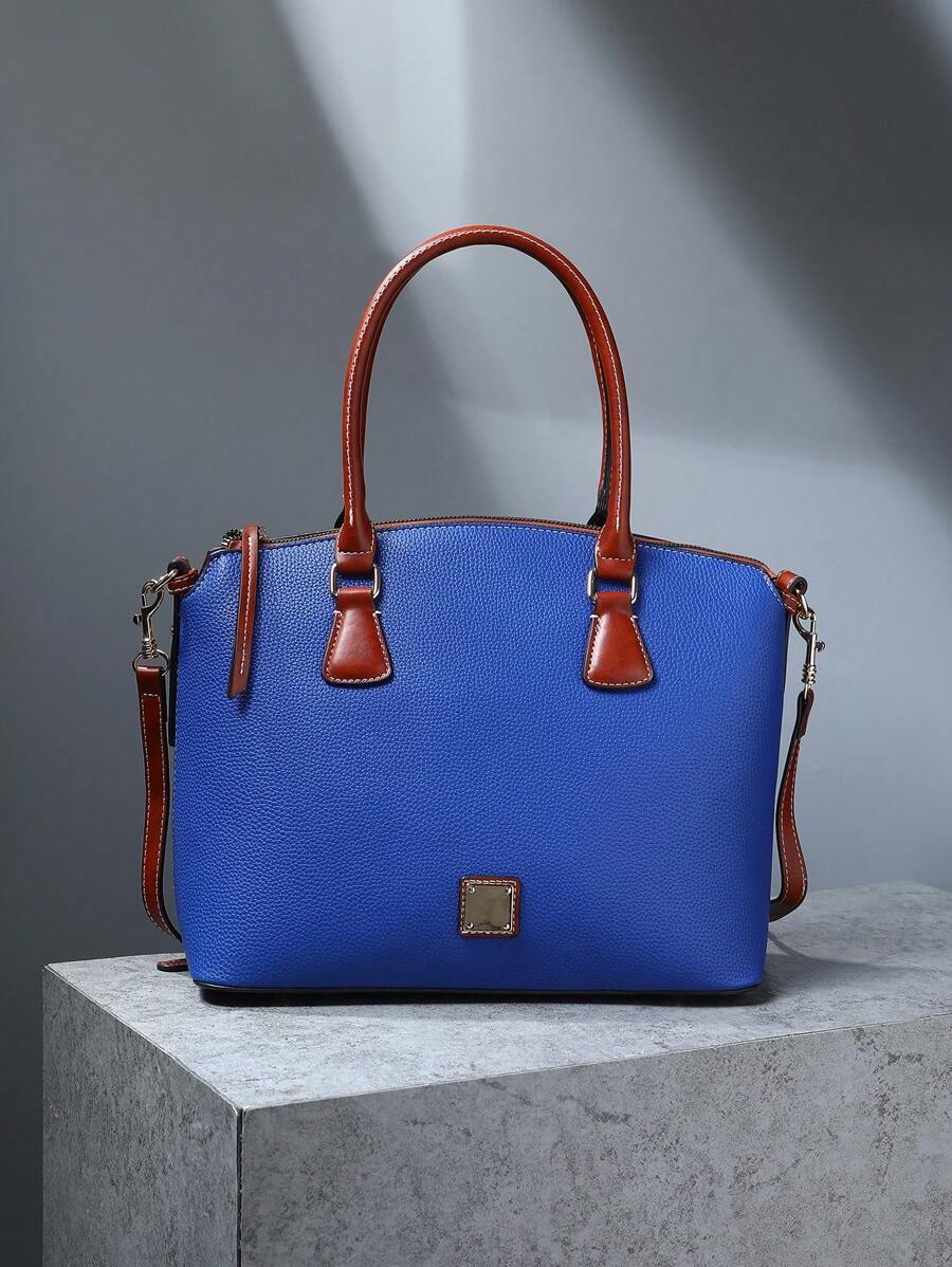 Refined Top Handle Zipper Satchel, Fashion-Forward Womens Textured PU Leather Bag For Everyday Style,Timeless Vintage Western Handbag - Eye-Catching Colorblock Design - Màu xanh lam - Xem 1