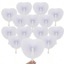 12pcs Wedding White Heart Shaped Round Paper Fan, White Bulk Foldable Handheld Fan, Wedding Decoration With Heart Shaped Organ Fan With Plastic Handle For Wedding Birthday Guest Party Favors DIY, Romantic Wedding Decorative Paper Fans: The Perfect Prop To Enhance Your Wedding, Wedding Decor, Wedding - Multicolor - View 1