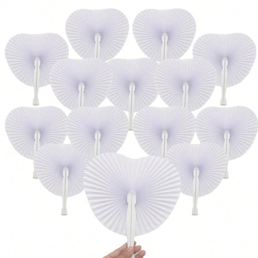 12pcs Wedding White Heart Shaped Round Paper Fan, White Bulk Foldable Handheld Fan, Wedding Decoration With Heart Shaped Organ Fan With Plastic Handle For Wedding Birthday Guest Party Favors DIY, Romantic Wedding Decorative Paper Fans: The Perfect Prop To Enhance Your Wedding, Wedding Decor, Wedding - Multicolor - View 1