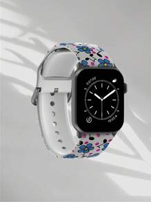 时尚休闲硅胶表带兼容 Apple Watch 38mm 40mm 41mm 45mm 44mm 42mm 49mm，蓝色花卉图案，柔软弹性透气替换表带兼容 Apple Watch Ultra SE/9/8/7/6/5/4/3/2/1 智能手表配件 - 彩色 - 查看 2
